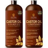 INFINA ESSENTIALS castor oil shampoo bottle highlights invigorating rosemary and peppermint blend for scalp refreshment.