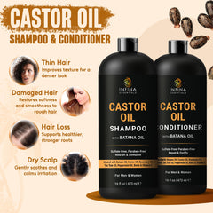 INFINA ESSENTIALS Castor Oil Shampoo label highlights Batana Oil enrichment for healthier scalp feel