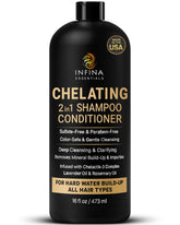 INFINA ESSENTIALS hard-water-shampoo-bottle reduces mineral buildup for brighter hair.