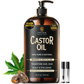 INFINA ESSENTIALS castor oil bottle closeup highlighting pure, nourishing care for hair and skin.