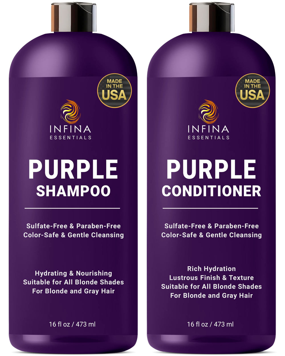 INFINA ESSENTIALS purple shampoo bottle pour highlights sulfate-free cleansing for cooler blonde tones.