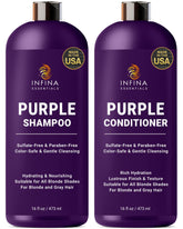 INFINA ESSENTIALS purple shampoo bottle pour highlights sulfate-free cleansing for cooler blonde tones.