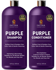 INFINA ESSENTIALS purple shampoo bottle pour highlights sulfate-free cleansing for cooler blonde tones.