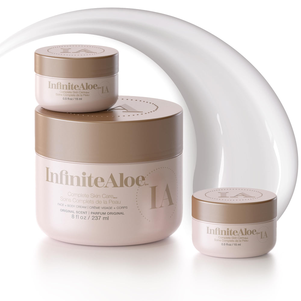 InfiniteAloe Complete Skin Care jar 8oz demonstrates all-day hydration for soft, moisturized skin