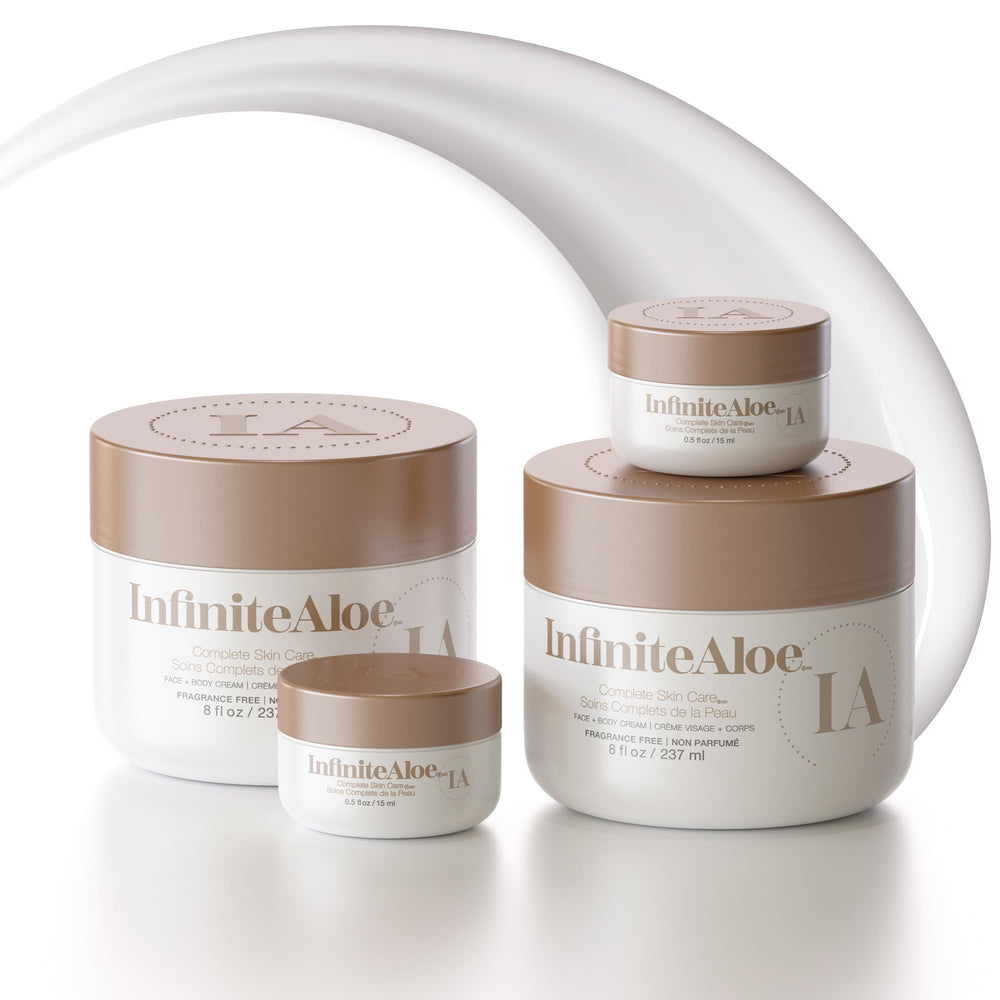 InfiniteAloe Complete Skin Care jar close-up shows fragrance-free hydration for sensitive skin.