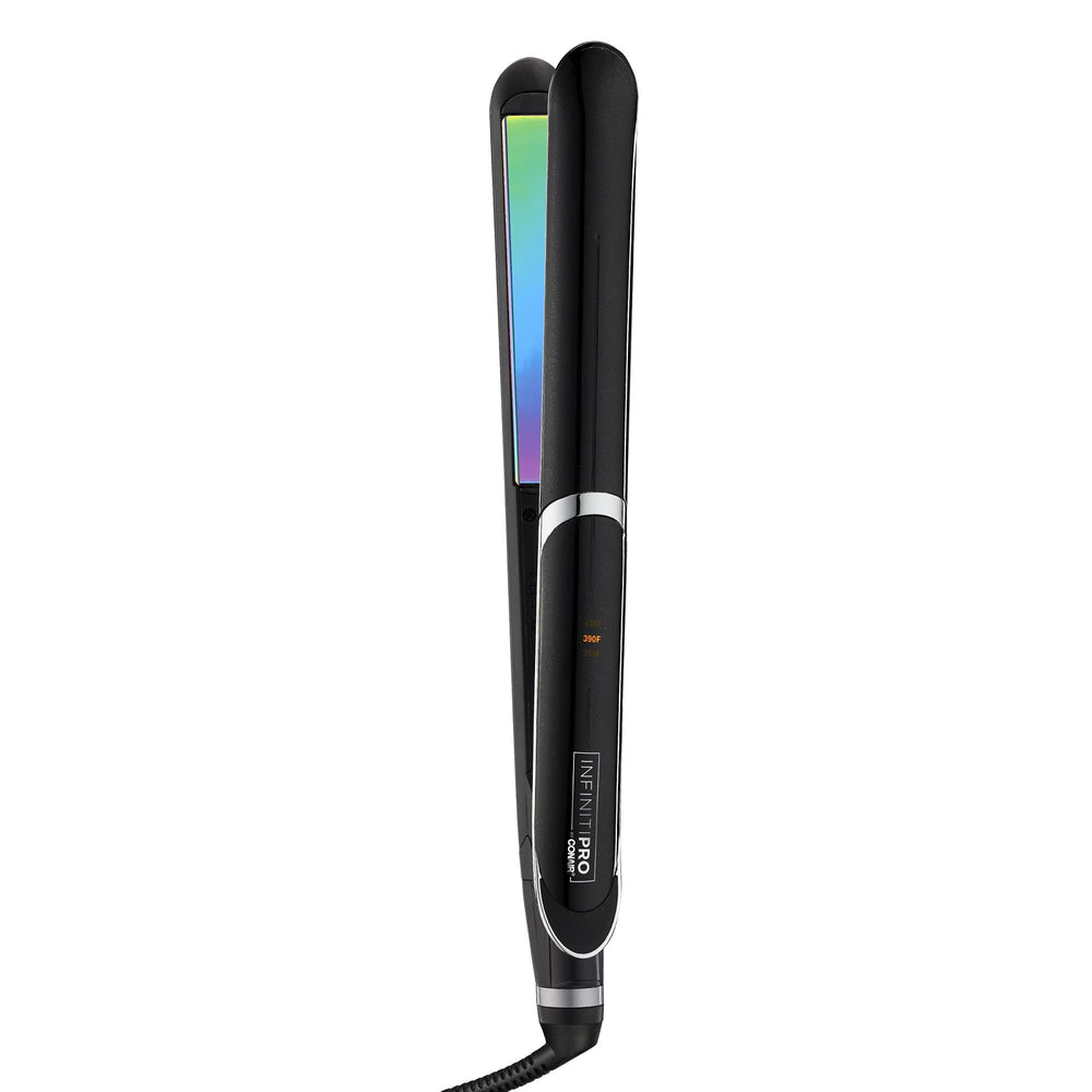 INFINITIPRO by CONAIR Rainbow Titanium Flat Iron plates closeup for smooth, fast styling