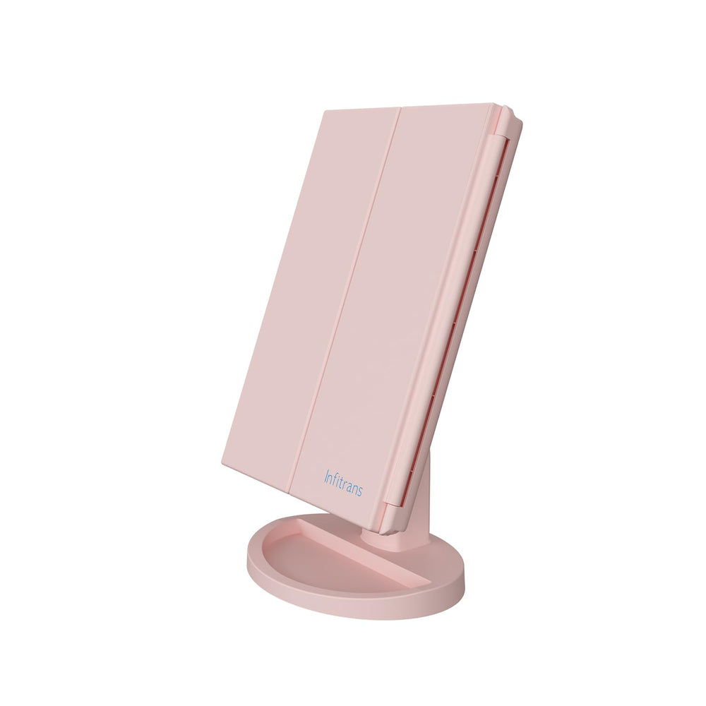 Infitrans trifold makeup mirror front view with bright LEDs for precise makeup.