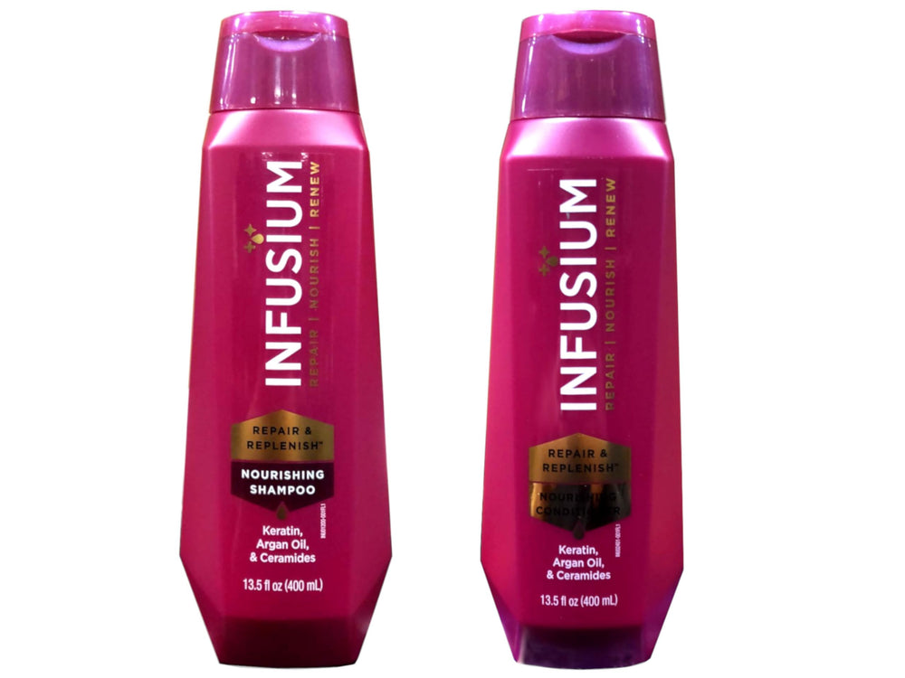 Infusium Moisturize & Replenish shampoo bottle pour showing moisture delivery for daily care