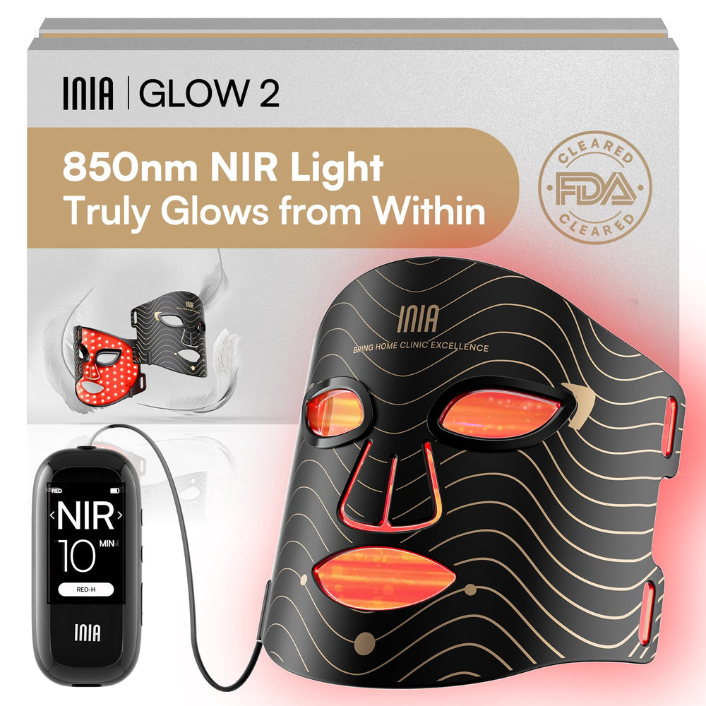 INIA red light mask face front for at-home skin rejuvenation and radiance.