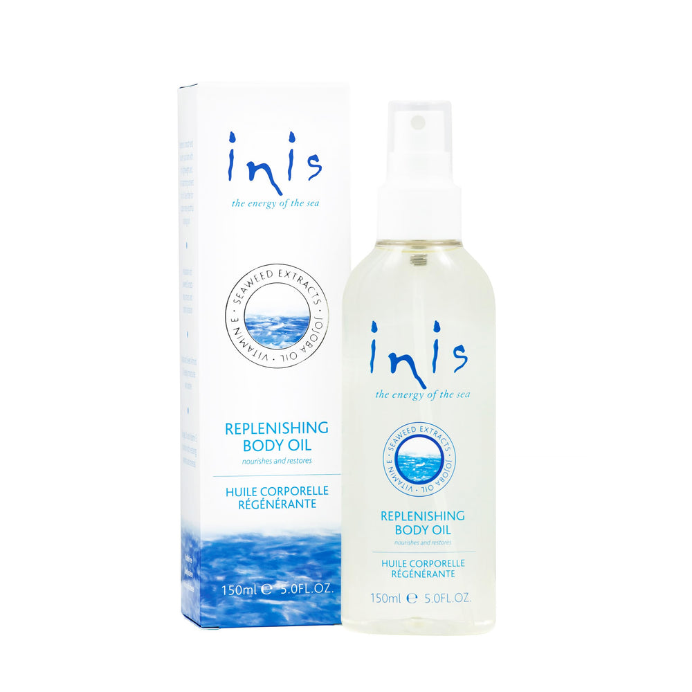 Inis Energy of the Sea replenishing body oil bottle demonstrates fast-absorbing hydration for dry skin.