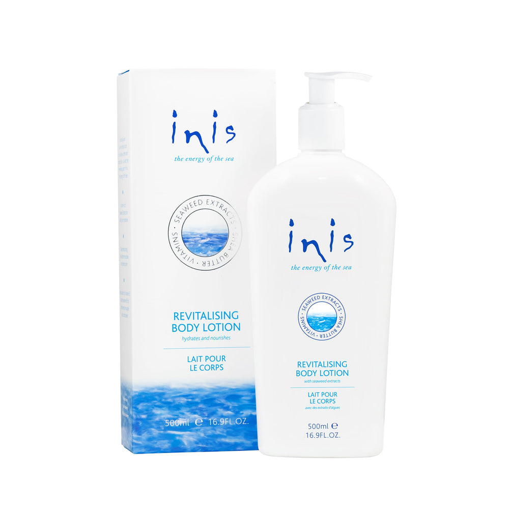 Inis revitalizing body lotion bottle front for daily hydration and fresh coastal scent