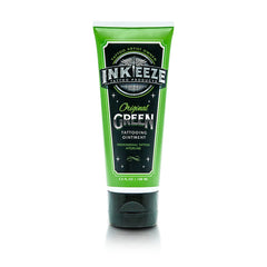 INK-EEZE Green Tattoo Ointment jar closeup showing lavender scent for aftercare.