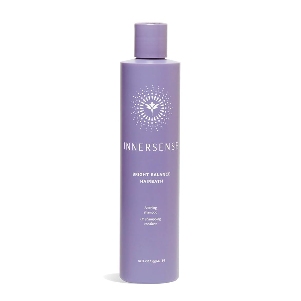 INNERSENSE Bright Balance Purple Toning Hairbath bottle shows violet formula for brass neutralization and shine.