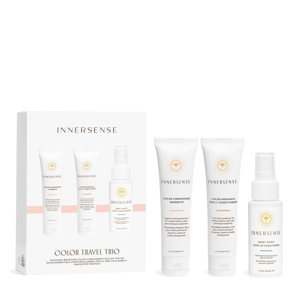 INNERSENSE Color Travel Hair Trio Awakening Hairbath bottle demonstrates gentle sulfate-free cleansing for color-treated hair