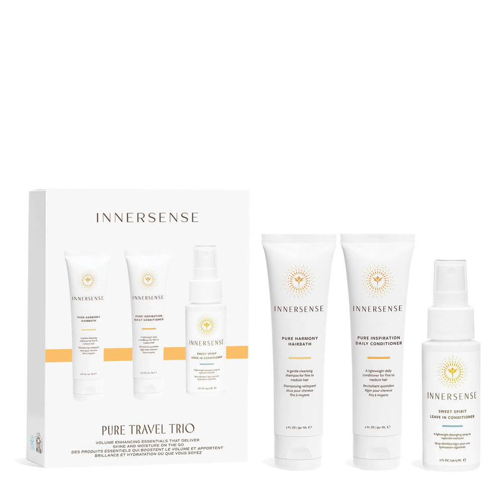 INNERSENSE Pure Harmony travel-trio packaging showcases compact, eco-friendly design for on-the-go clean hair.