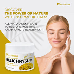 InsurMedic Helichrysum Balm ingredients display with olive and almond oils