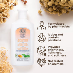 Intea Blonde Hair Conditioner label showcases paraben-free, pharmacist-developed formula.