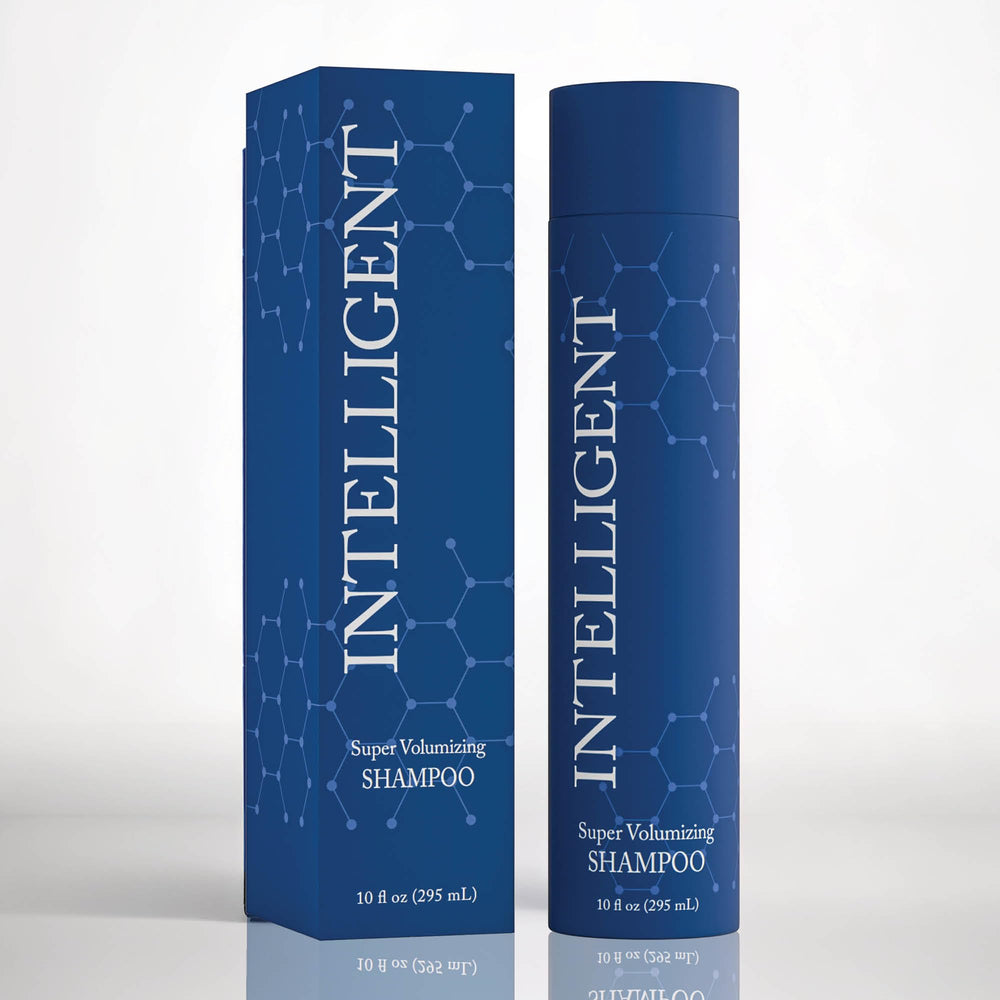 Intelligent Shop Super Volumizing Shampoo bottle front shows volume-boosting formula for fuller hair