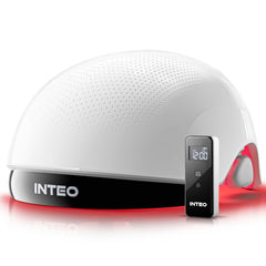 INTEO red light cap on head delivers hands-free scalp coverage for efficient sessions.