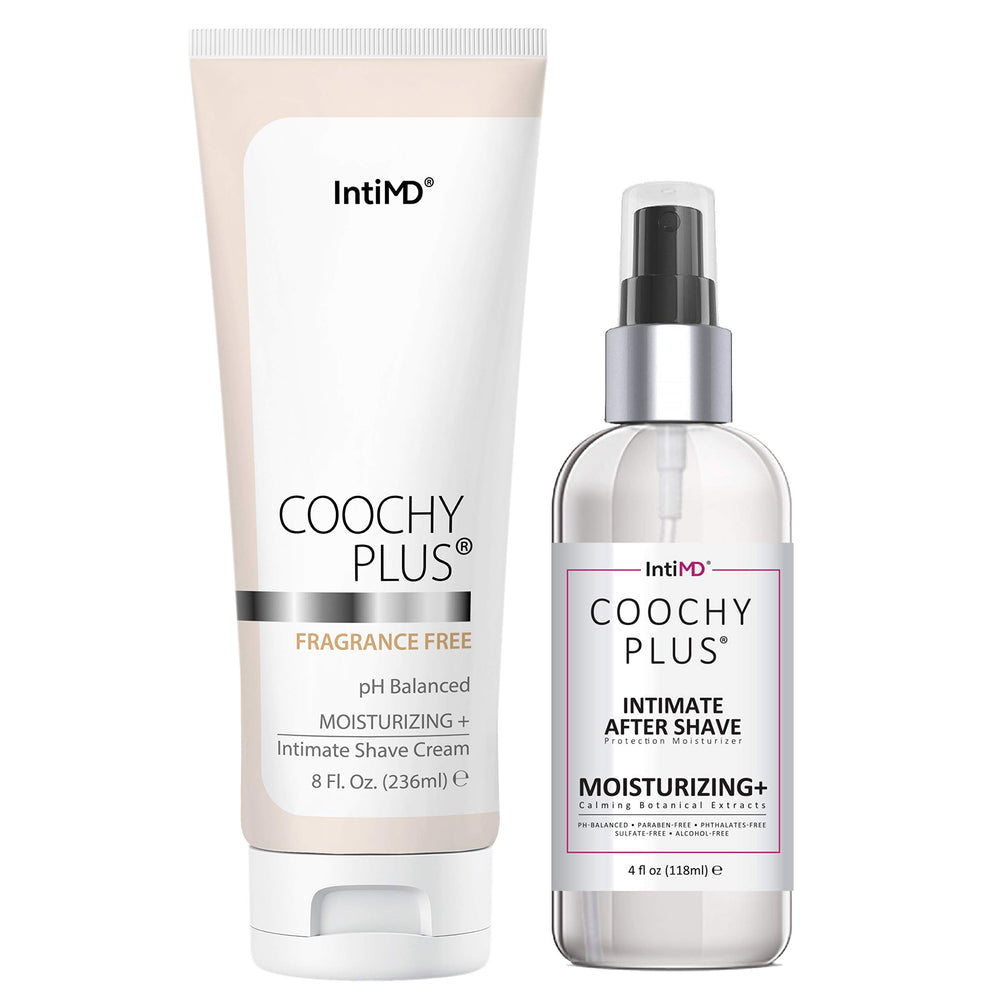 IntiMD Coochy Plus intimate shave cream bottle enabling a close, comfortable shave with moisturizing formula.