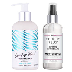 IntiMD Coochy Plus intimate shaving cream bottle shows moisturizing formula for smoother skin