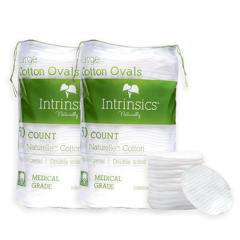 Intrinsics Premium Cotton Ovals for makeup removal with smooth, effective cleansing.