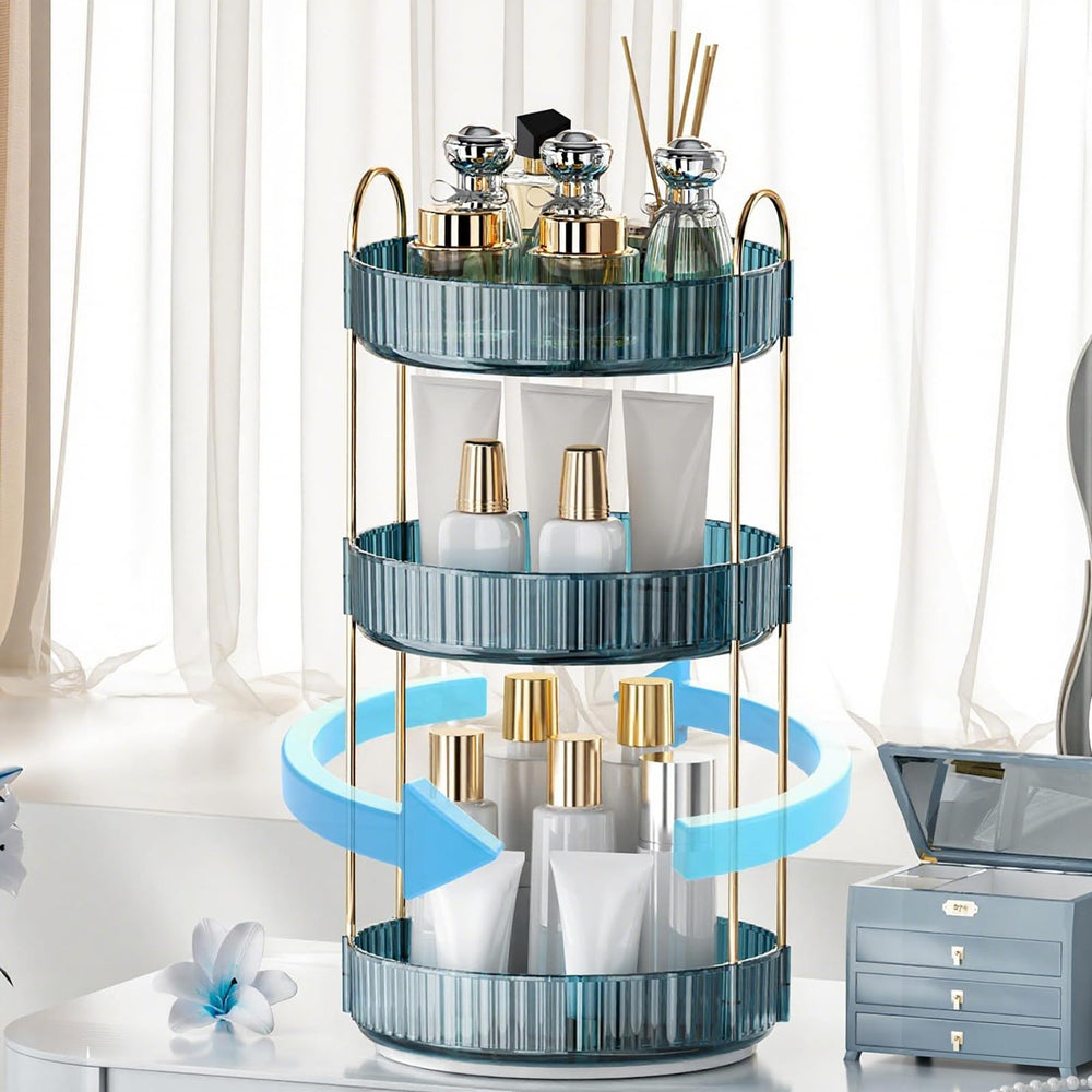 INVSSENE 360-rotating makeup organizer front view for easy access to cosmetics.