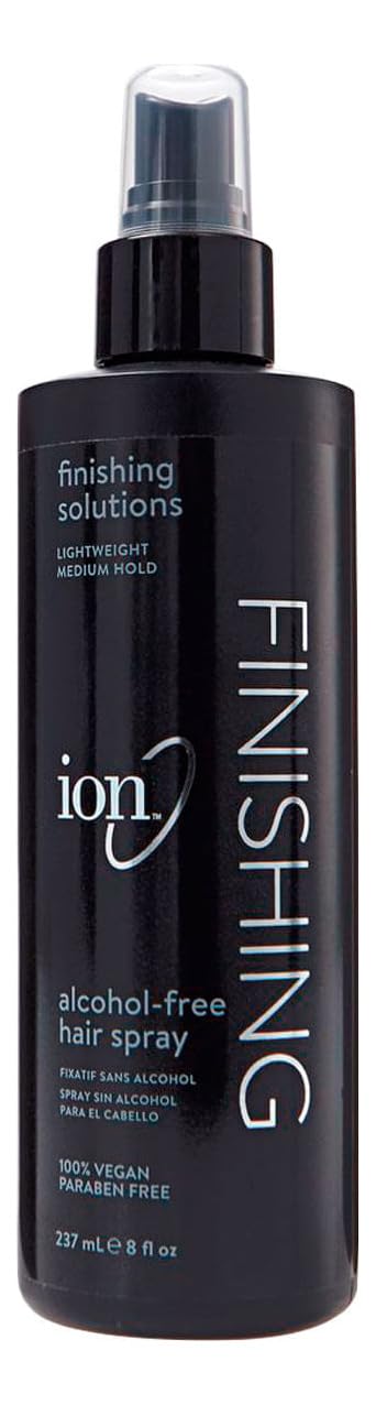 Ion AlcoholFree Finishing Hair Spray 8oz bottle provides lightweight hold and frizz control.