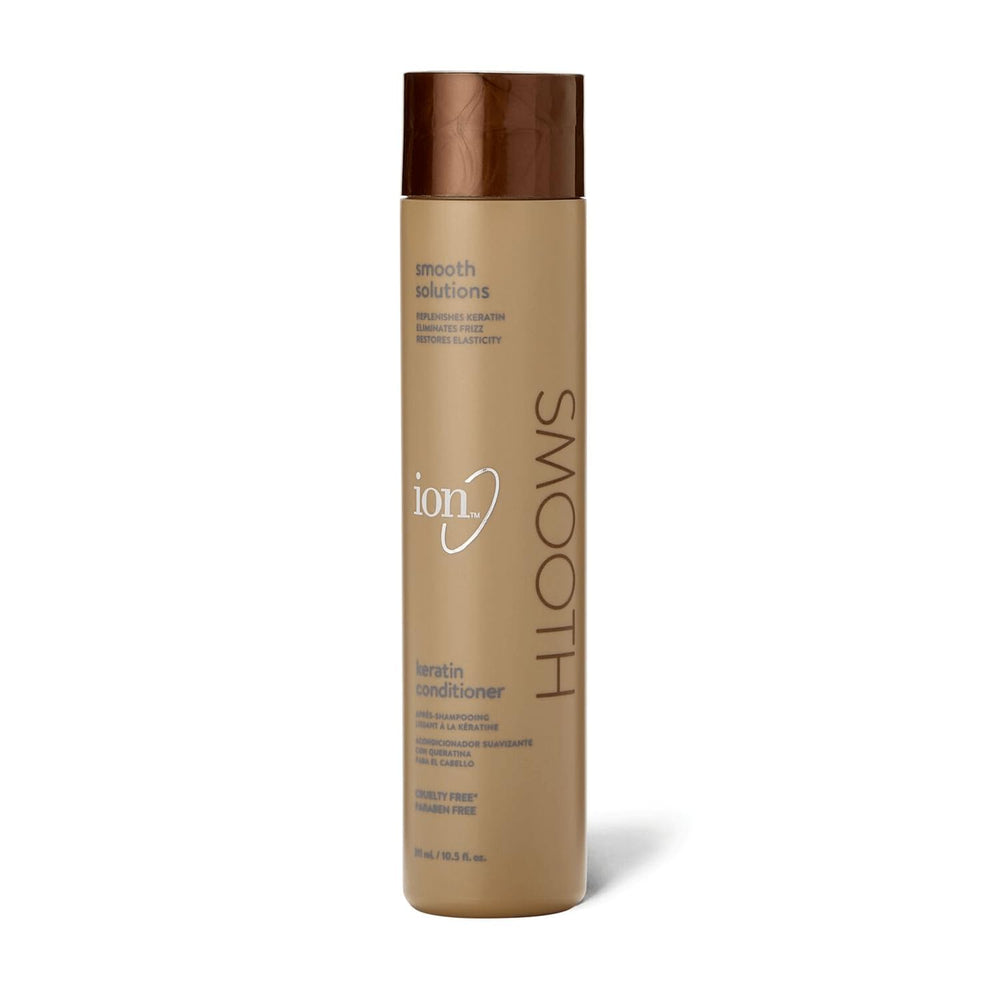 Ion Keratin Smoothing Conditioner bottle closeup for frizz control.