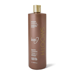 Ion Keratin Smoothing Shampoo bottle front highlights keratin-rich formula for frizz control.