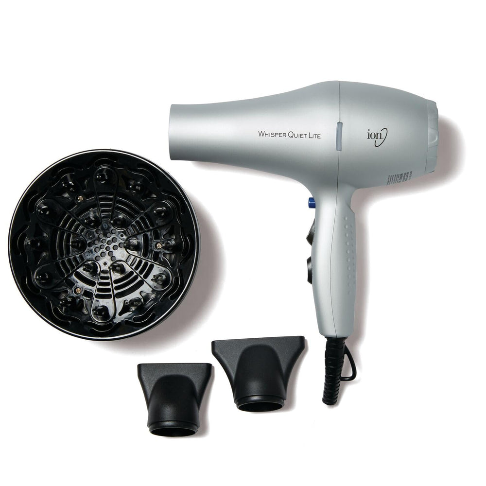 Ion Whisper Quiet Lite dryer front view highlights lightweight design for easy daily styling.