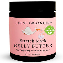 Irene Organics belly butter bottle highlights daily pregnancy hydration and skin comfort