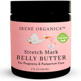 Irene Organics belly butter jar closeup showing rich moisturizing cream for pregnancy skin.