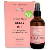 Irene Organics belly oil bottle for gentle pregnancy care and stretch-mark prevention.