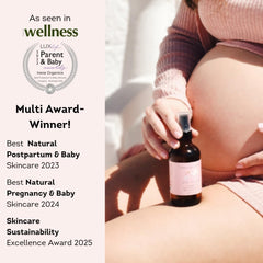 Irene Organics unscented belly oil highlights fragrance-free formula for sensitive moms.