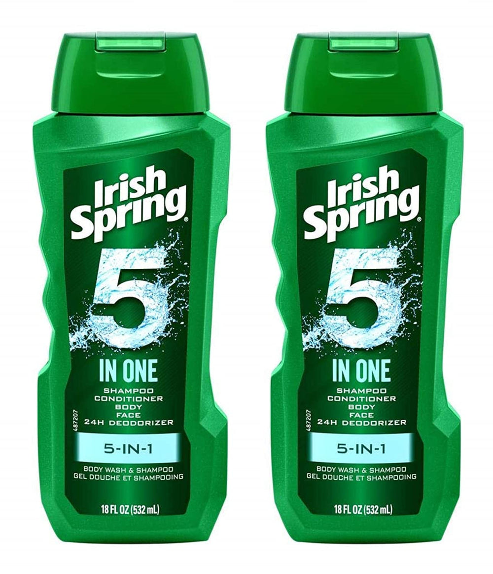 Irish Spring 5-in-1 shampoo bottle highlights all-in-one cleansing for hair, face, and body.