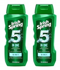 Irish Spring 5-in-1 shampoo bottle highlights all-in-one cleansing for hair, face, and body.