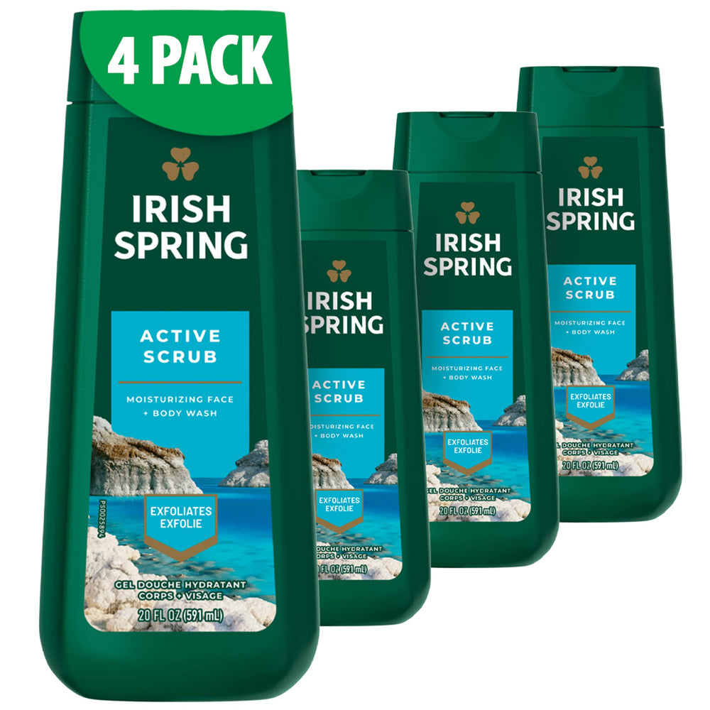 Irish Spring Active Scrub bottle front highlights exfoliating wash for men.