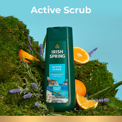 Irish Spring Active Scrub bottle label shows biodegradable ingredients and safety features.