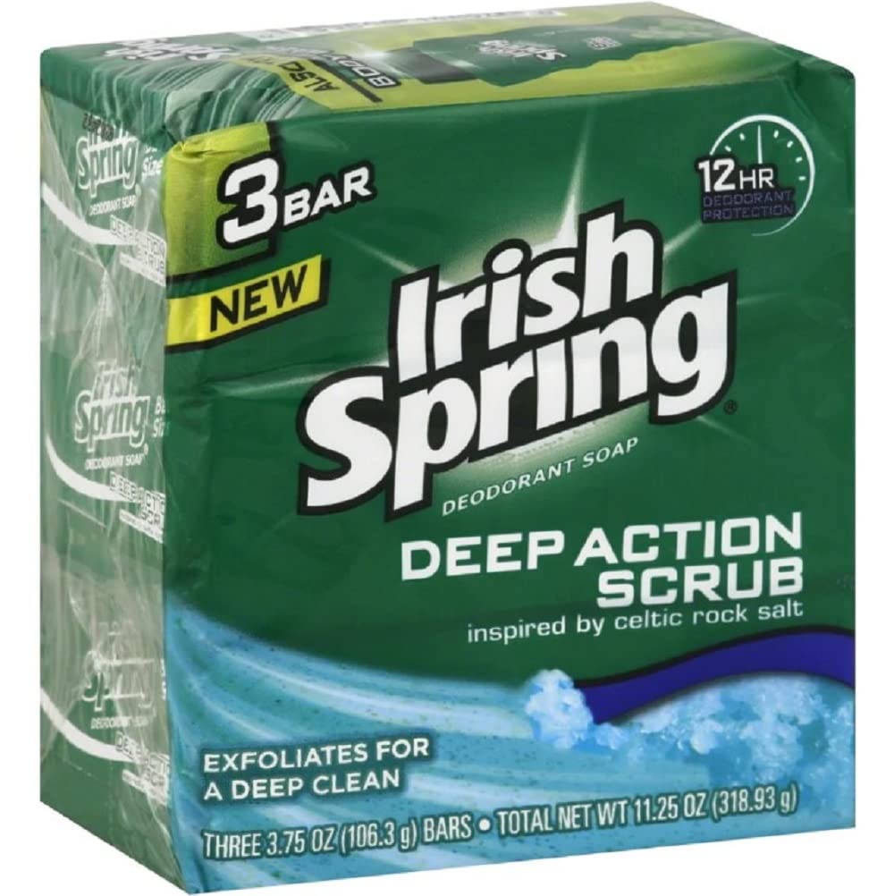 Irish Spring Deep Action scrub bar soap front view showing three-pack for daily exfoliation