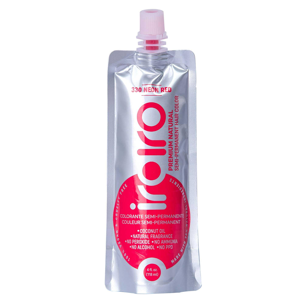 iroiro eco-pouch front view showing neon red shade and sustainable packaging benefit