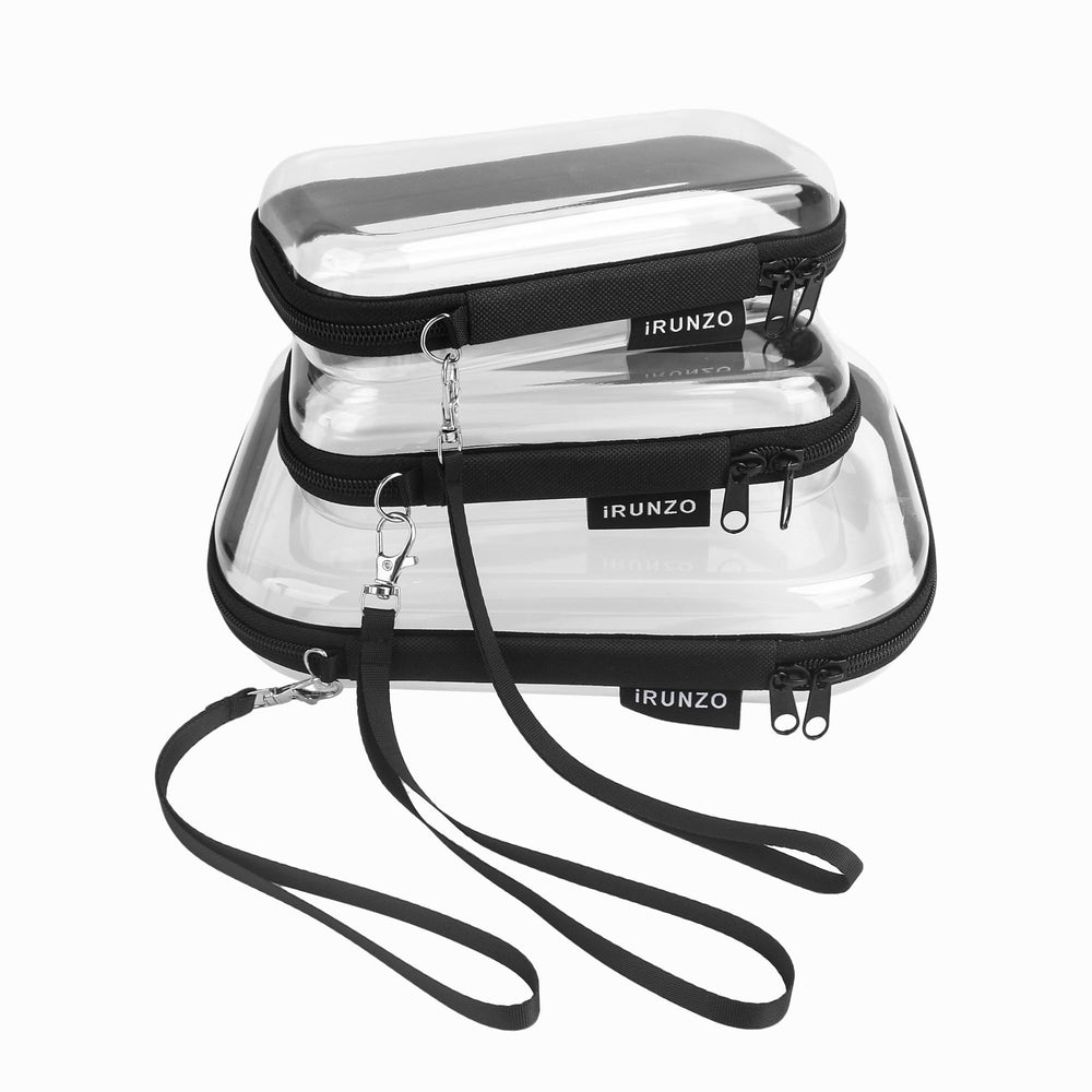 iRUNZO clear hard shell case close-up shows durable, visible storage for easy travel packing.