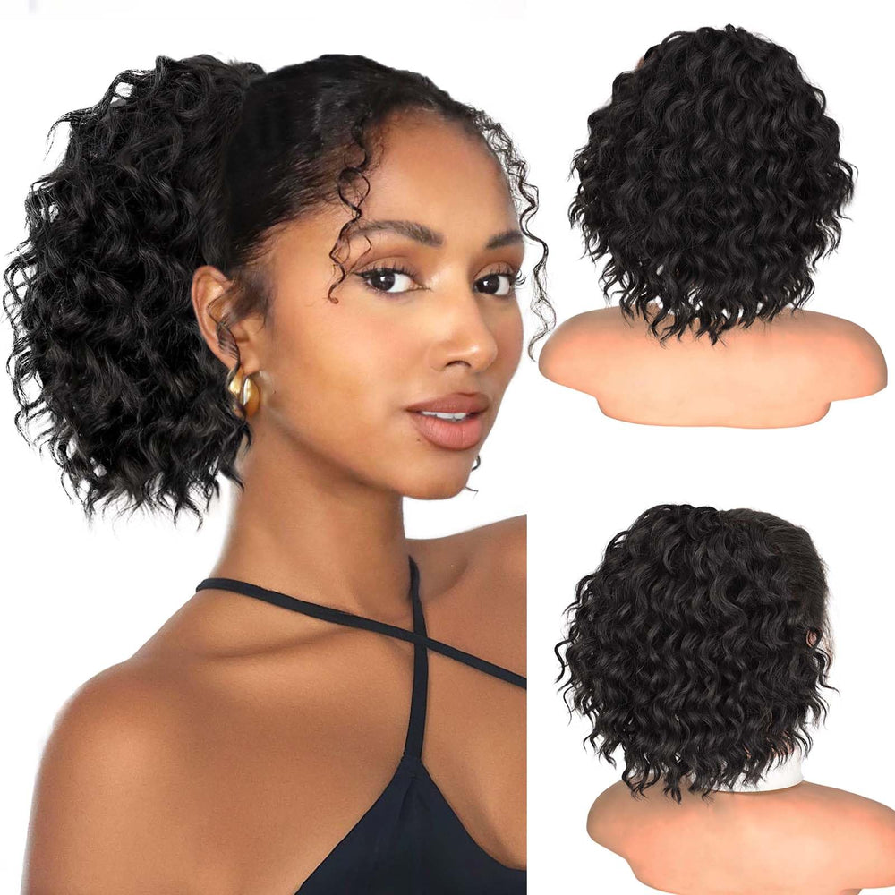 Isaic pony-tail-8inch-short-wavy-closeup reveals soft, natural-looking curls for daily wear.