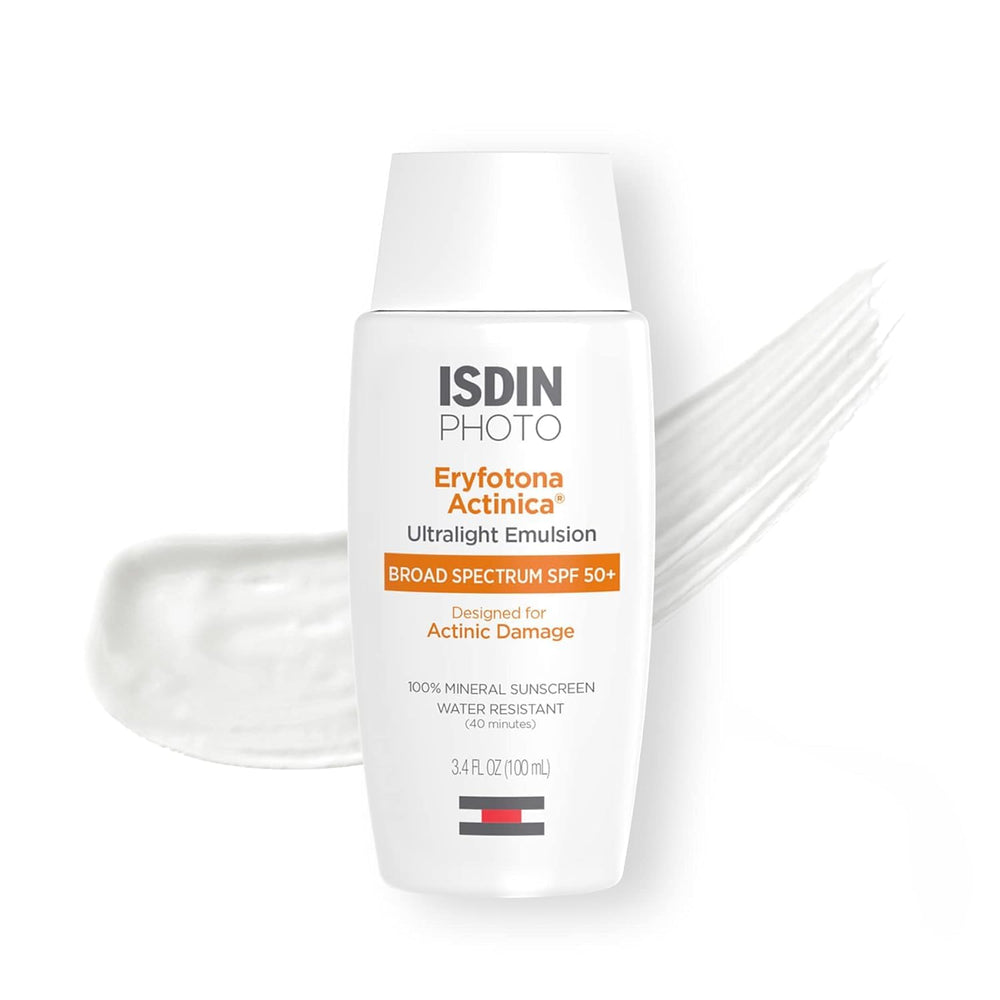 ISDIN Eryfotona Actinica bottle front highlights mineral SPF protection for daily use.