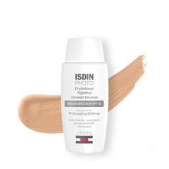 ISDIN Eryfotona Ageless tinted sunscreen in application view with SPF protection and sheer coverage