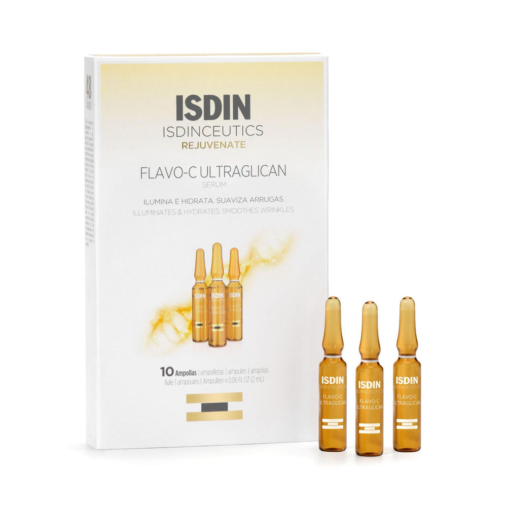 ISDIN Flavo-C Ultraglican serum bottle shows brightening and hydration potential.