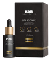 ISDIN Melatonik bottle closeup emphasizing three-in-one night repair concept
