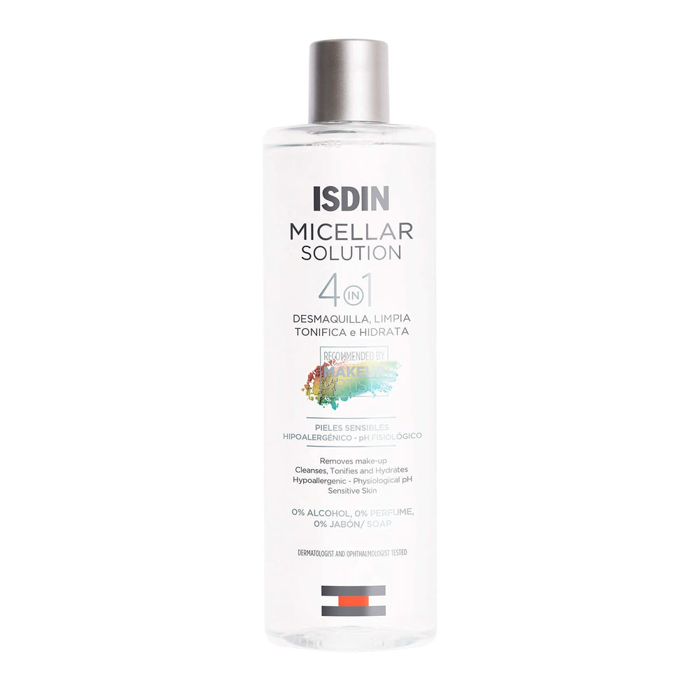 ISDIN Micellar 4-in-1 cleansing water bottle demonstrates gentle cleansing for sensitive skin.
