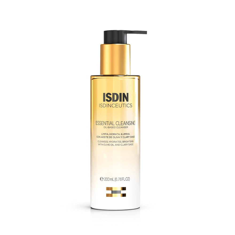 Isdinceutics Essential Cleansing Oil bottle pour for makeup removal and gentle cleansing.