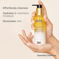 Isdinceutics Essential Cleansing Oil emulsion during massage reveals oil-to-milk transformation.